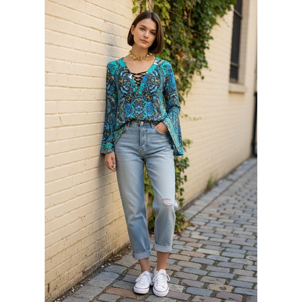 Ashley Stewart Women's Blue Multi Statement Bell Sleeve Fairy Blouse Size 22/24